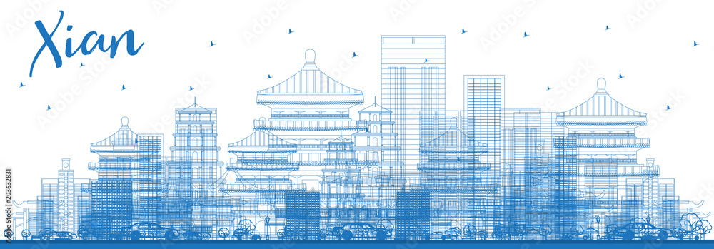 Outline Xian City Skyline with Blue Buildings.
