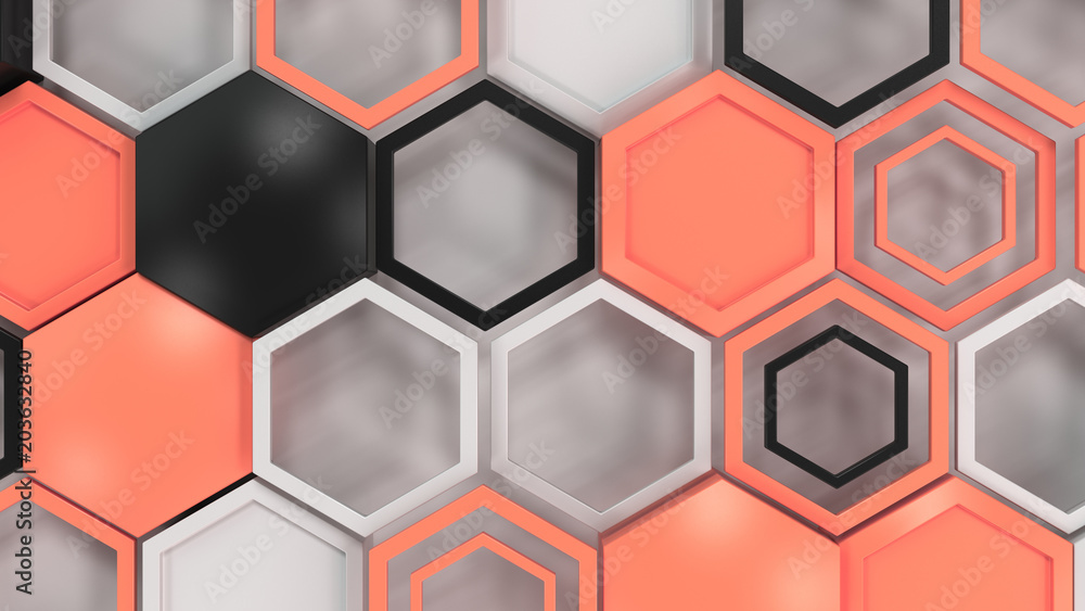 Abstract 3d background made of black, white and red hexagons on white background Abstract 3d background made of black, white and red hexagons on white background