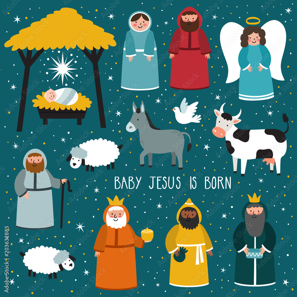 Nativity scene. Vector set of cute people, animals. Holiday background ...