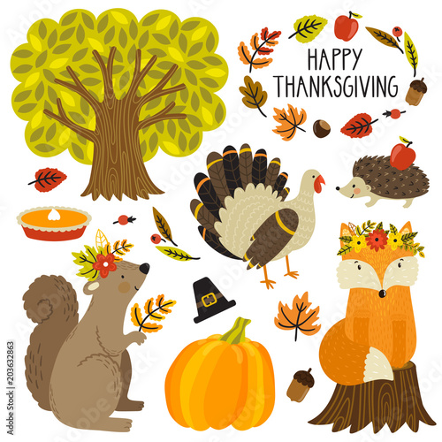Set of cute cartoon characters and plants. Thanksgiving day. Cute animals: fox, squirrel, hedgehog turkey and holiday symbols: pumpkin pie, pilgrim hat, pumpkin, autumn leaves and tree.