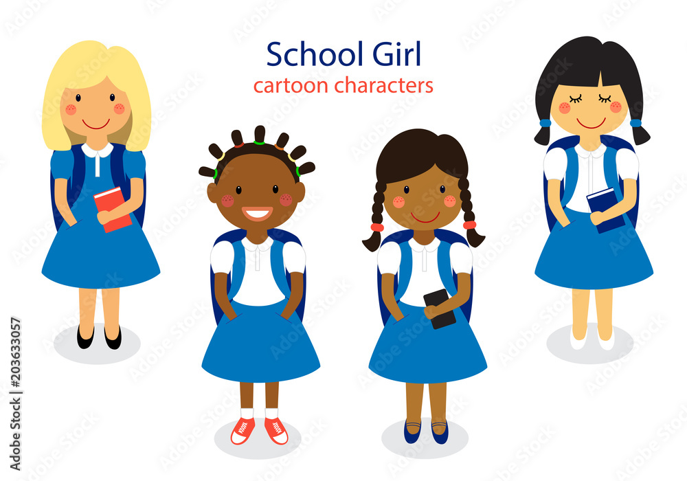 Cute School Girl Characters isolated on white background Cute School Girl Characters isolated on white background