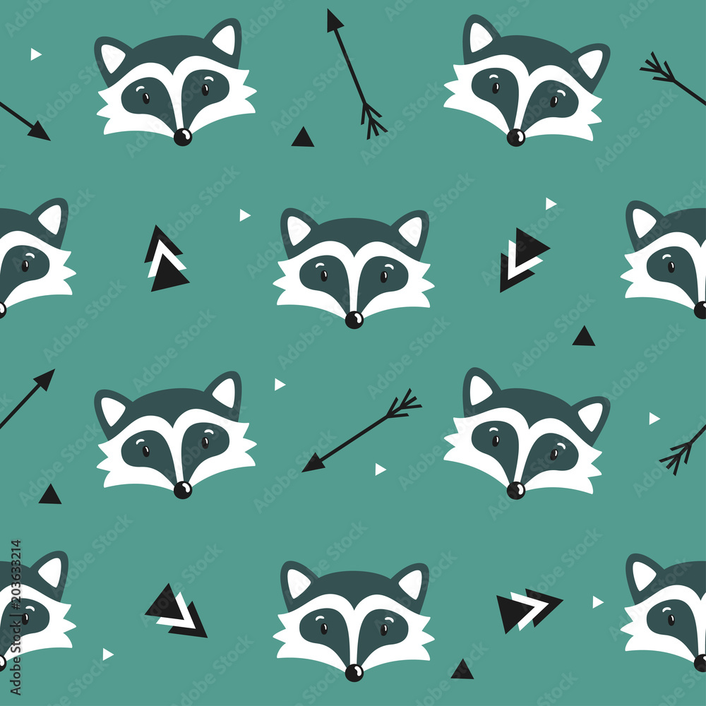 Naklejka premium Vector seamless pattern with cute raccoons, arrows and triangles. Childhish background with cartoon character. Repeating texture with smiling animals.