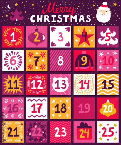 Christmas advent calendar. Bright holiday countdown in cartoon style. Childish background with Santa Claus, christmas tree, ornaments and hand written text "Merry Christmas"