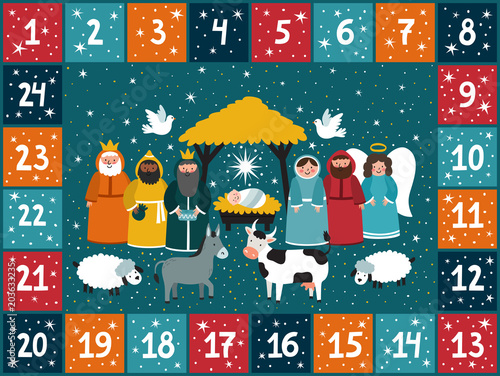 Christmas advent calendar with traditional nativity scene. Bright holiday background in cartoon style.