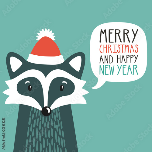 Vector holiday illustration of a cute raccoon in a santa's hat saying "Merry Christmas and happy New Year". Christmas background with smiling cartoon character. Winter greeting card.