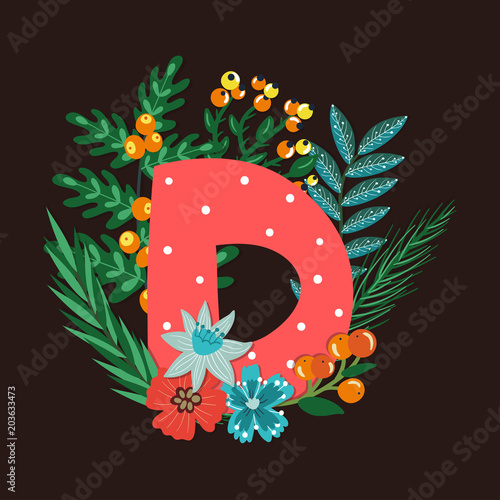 Vector floral letter made from leaves, branches, berries and flowers. Bright botanical alphabet. Vintage hand drawing character. Letter D.