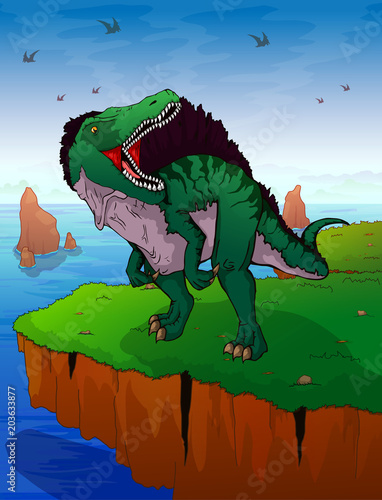 Spinosauruson the background of the sea. Vector illustration.