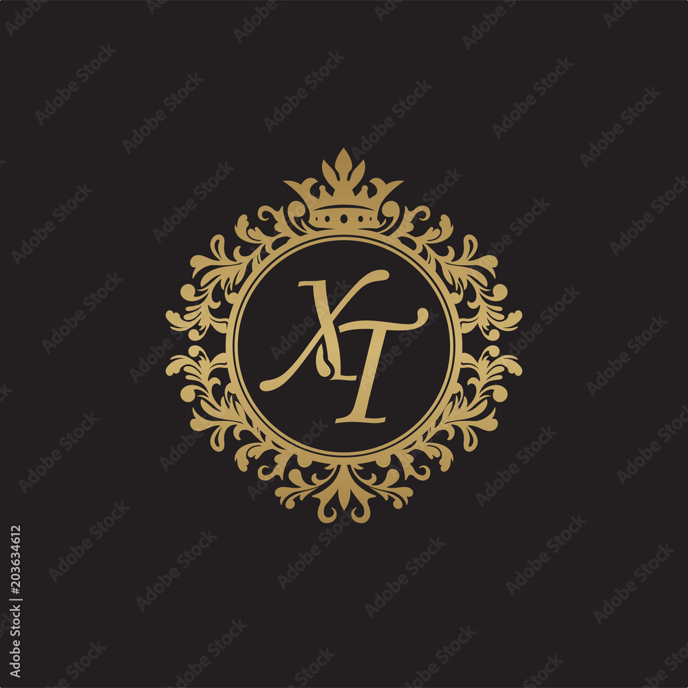 Initial letter XT, overlapping monogram logo, decorative ornament badge, elegant luxury golden color Initial letter XT, overlapping monogram logo, decorative ornament badge, elegant luxury golden color