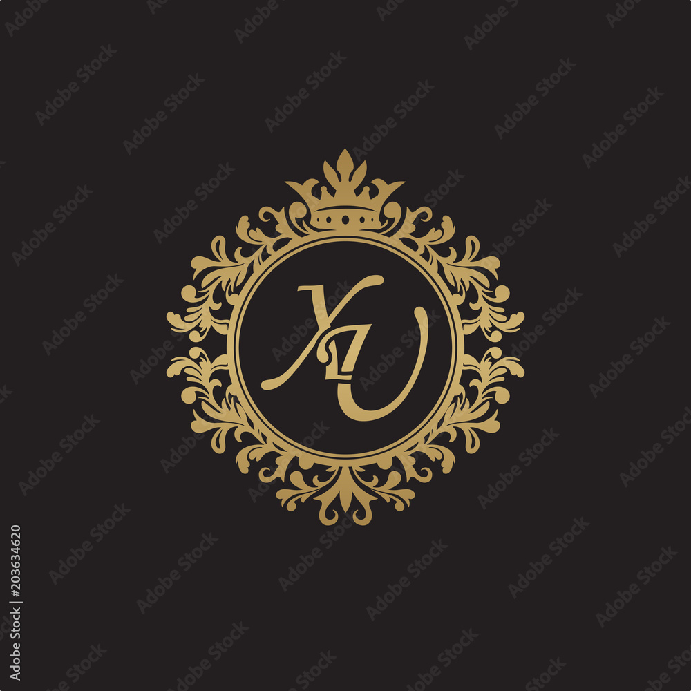 Initial letter XU, overlapping monogram logo, decorative ornament badge, elegant luxury golden color