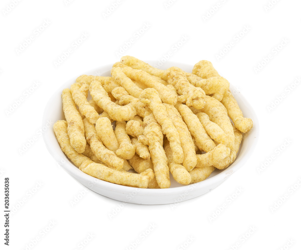 Indian Street Food Spicy Kurkure Also Know as Namkeen Sticks, Green Chutney Kurkure isolated on White Background Indian Street Food Spicy Kurkure Also Know as Namkeen Sticks, Green Chutney Kurkure isolated on White Background