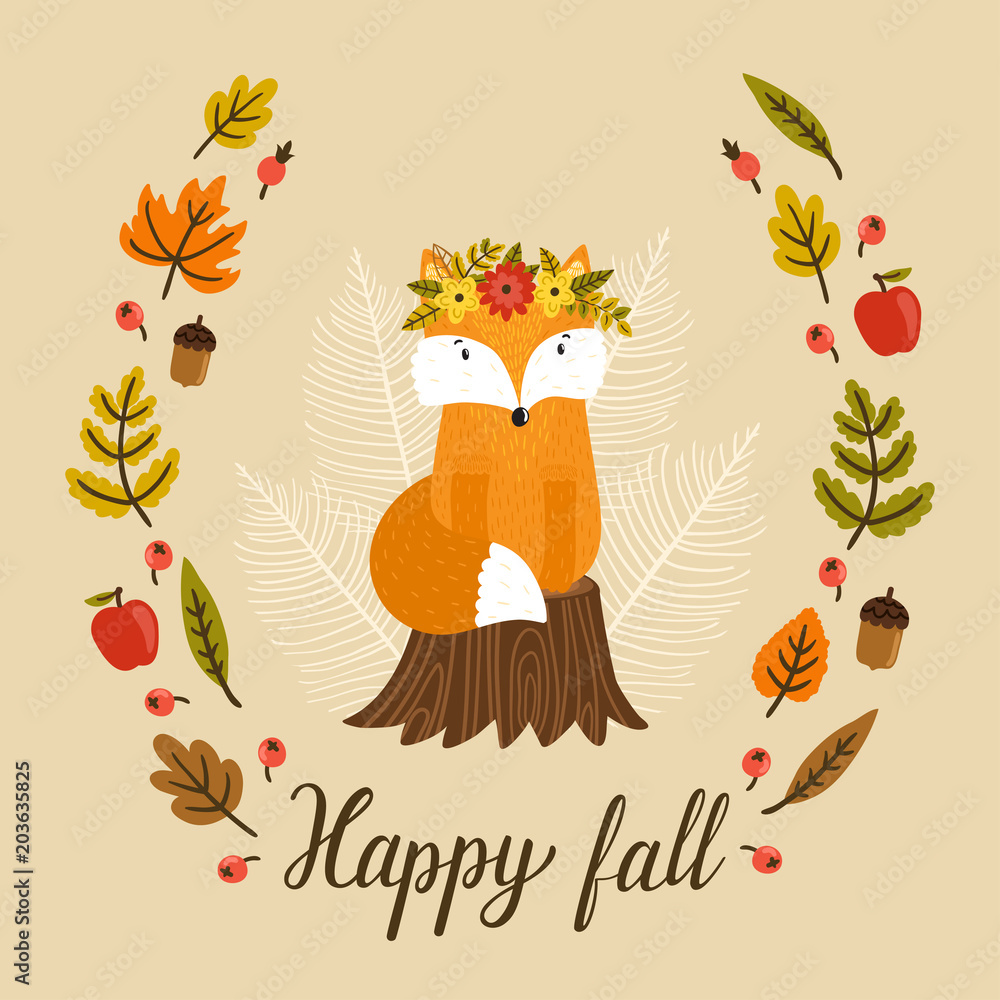 Vector aurumn background with cute fox, wreath from autumn leaves, berries,  apples and text 