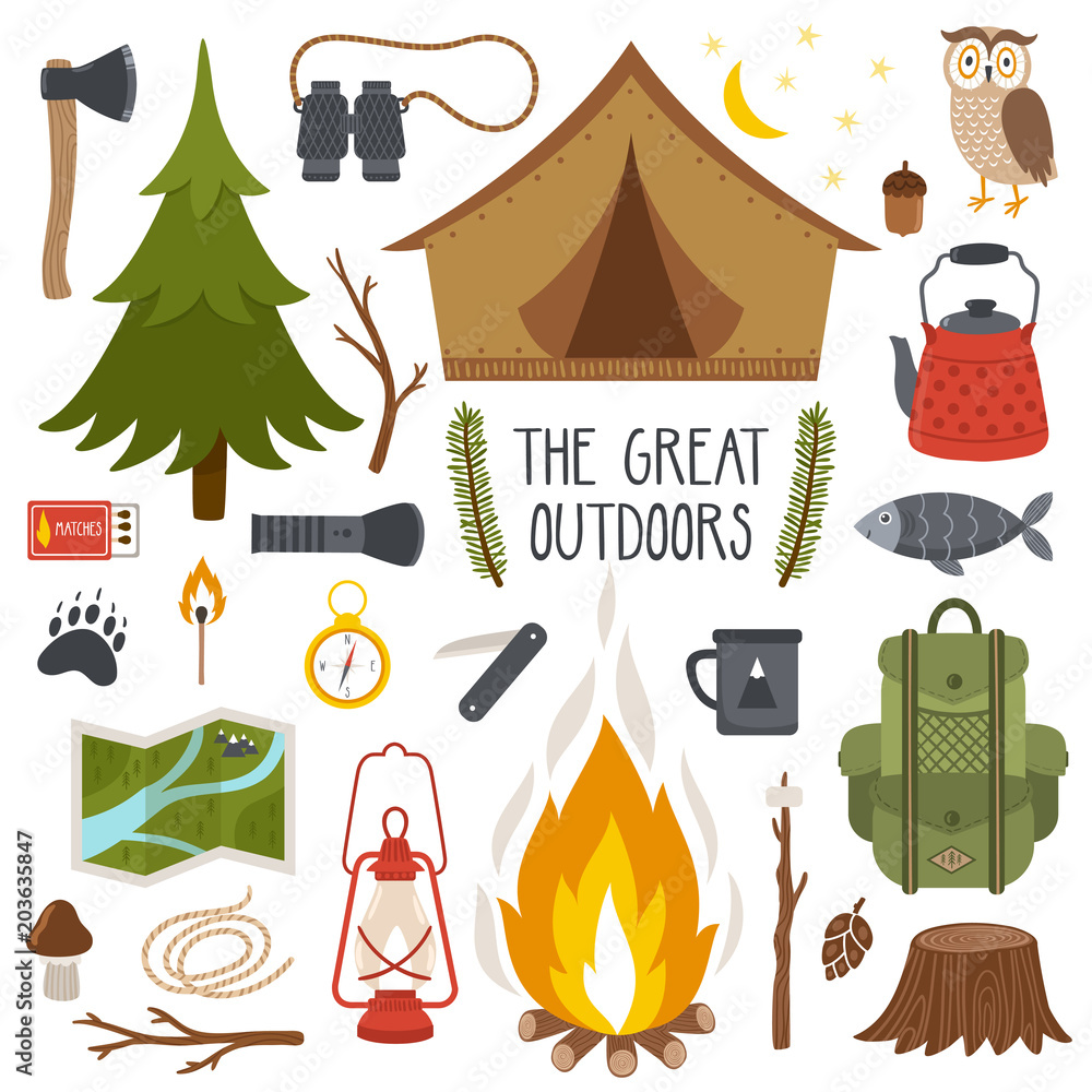 Vector set of camping elements. Summer background with camping