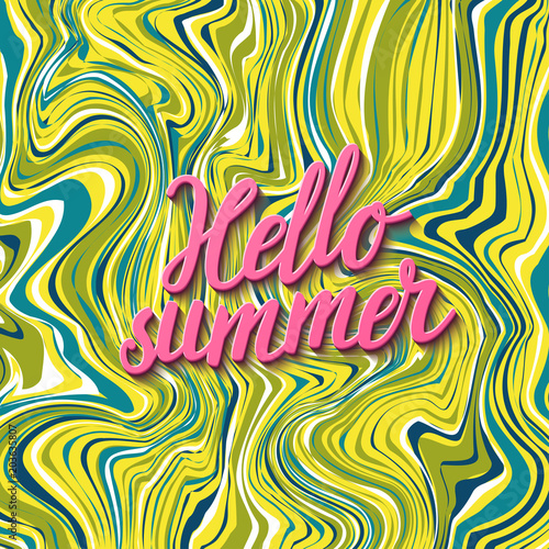 Vector bright summer card with beautiful marble texture and hand written text  Hello summer . Trendy stylish summer background. Invitation template.