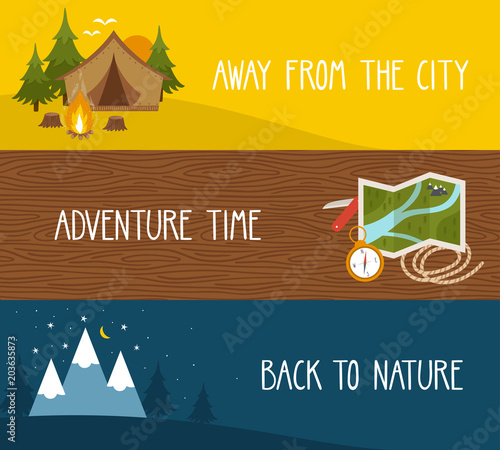 Vector set of camping banners with landscapes, tourist equipment. Bright travel backgrounds.