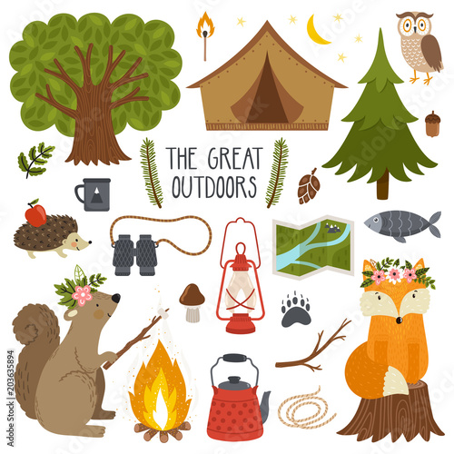 Set of cute cartoon characters and camping equipment. Summer campsite. Cute animals: fox, squirrel, hedgehog, fish and tourist elements: binoculars, map, rope, kettle, cup, camping tent, lantern, tree