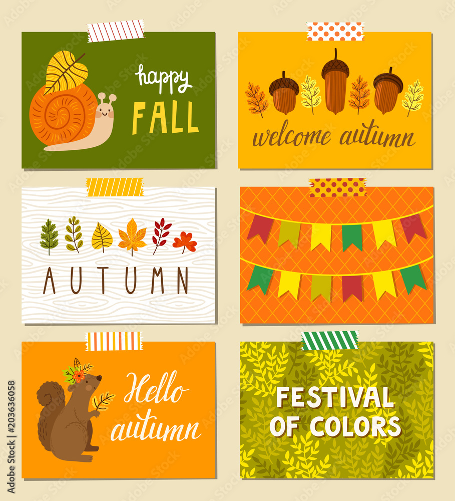Fototapeta premium Vector set of autumn cards. Bright cute posters with snail, squirrel, colorful leaves, garlands of flags and hand written text 