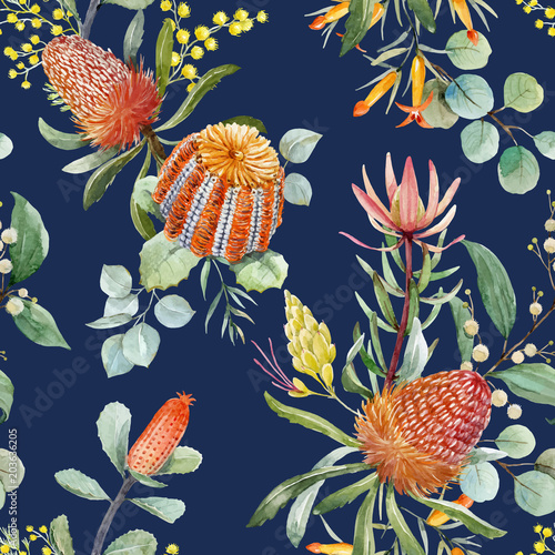 Watercolor australian banksia vector pattern