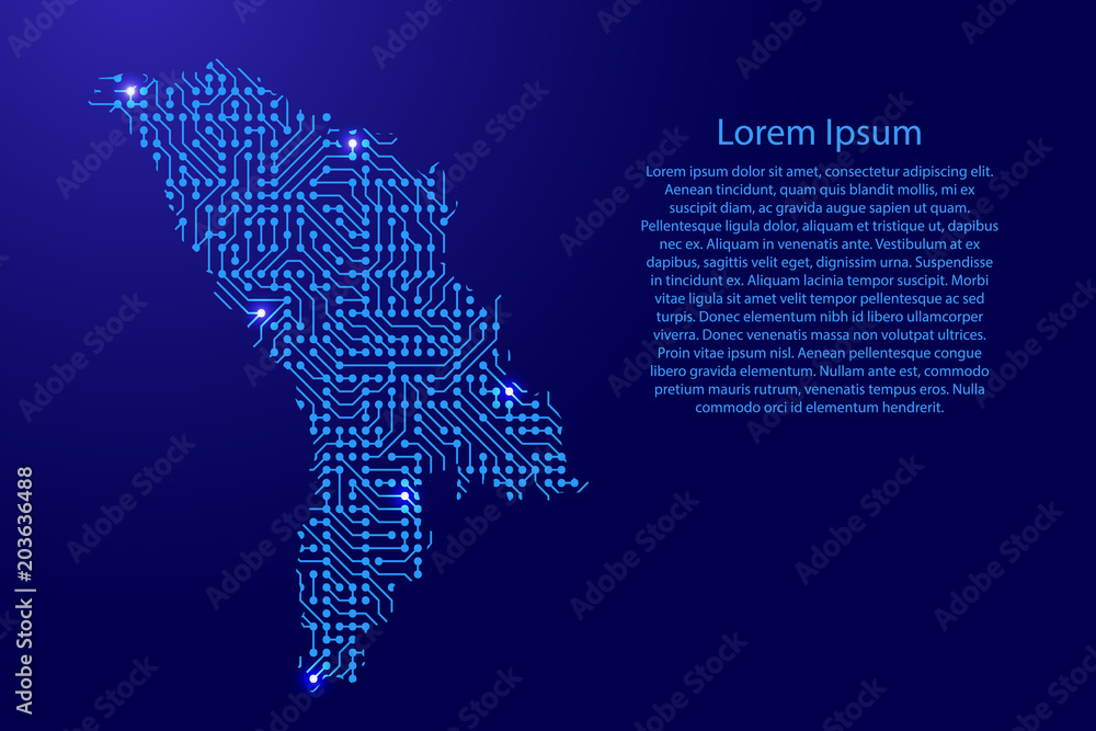 Map Moldavia from printed board, chip and radio component with blue star space on the contour for banner, poster, greeting card. Vector illustration.