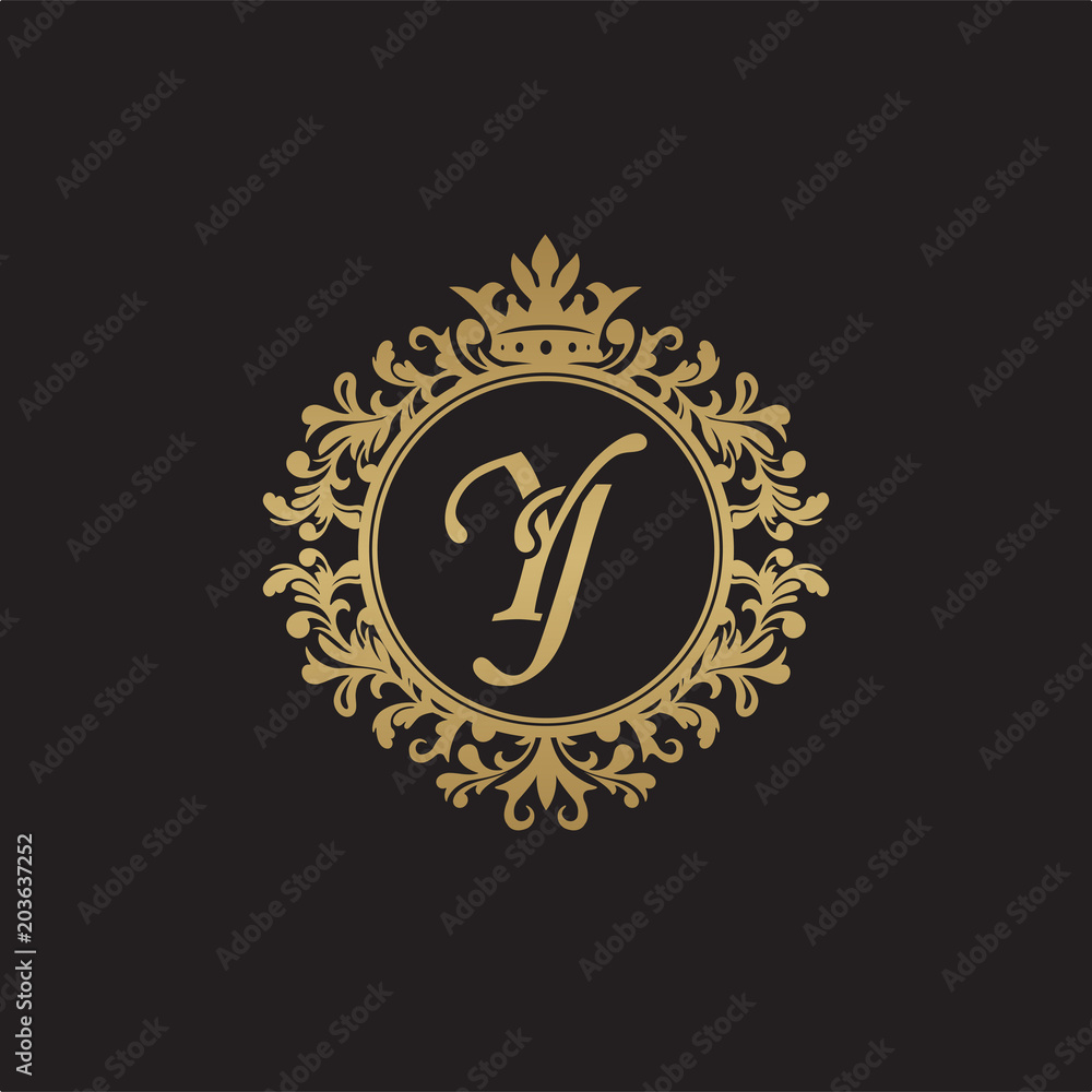 Initial letter YJ, overlapping monogram logo, decorative ornament badge, elegant luxury golden color