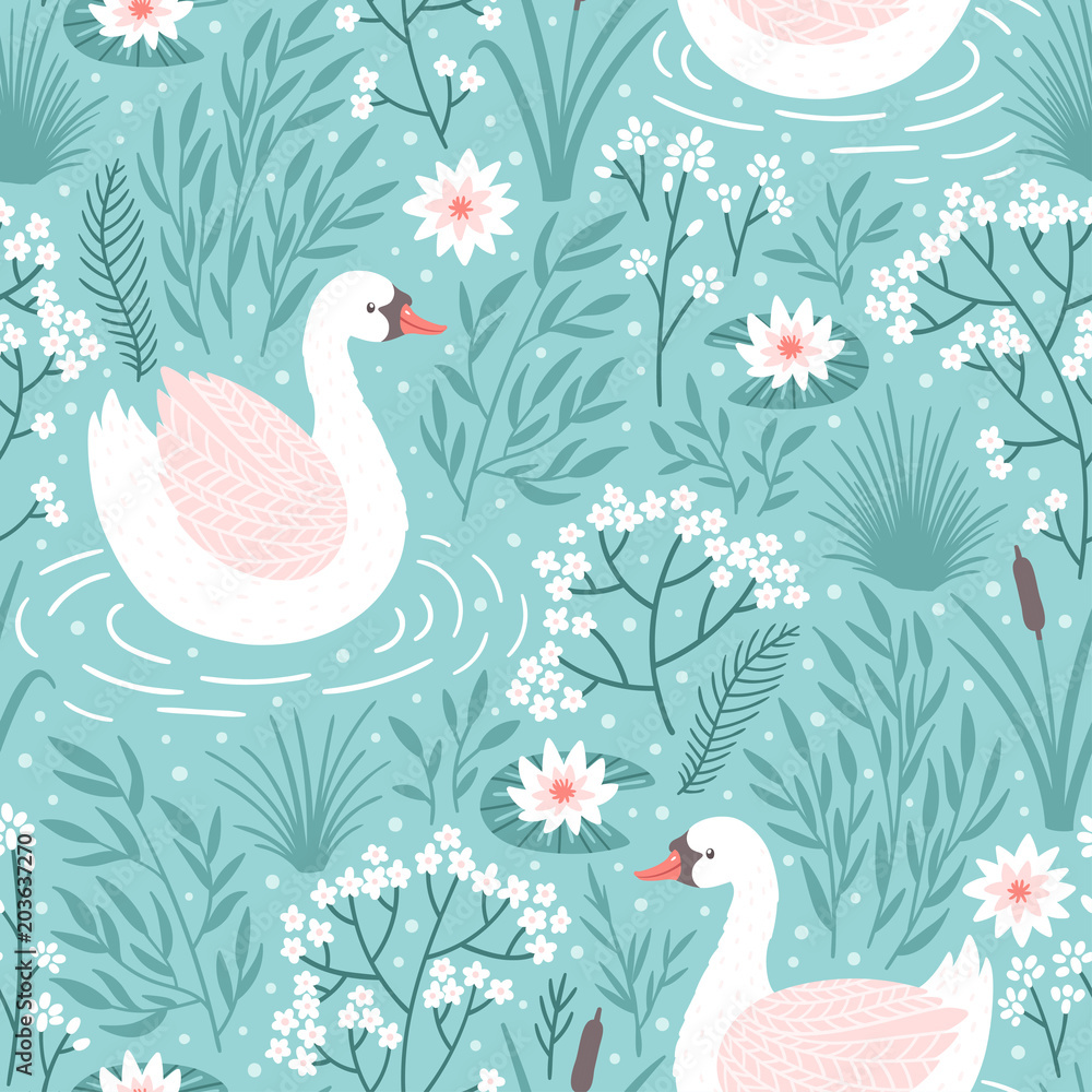 Vector seamless pattern with swan and floral elements. Repeated texture with bird.