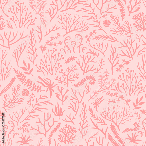 Vector seamless pattern with seaweed. Repeated texture with sea plants.