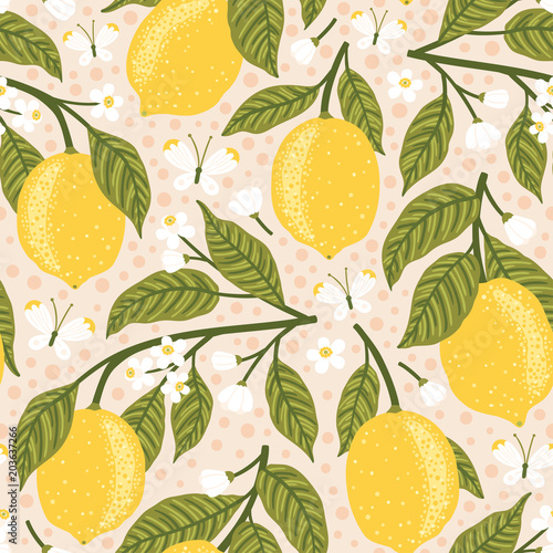 Vector seamless pattern with lemons, flowers and butterflies. Bright texture with fruits.
