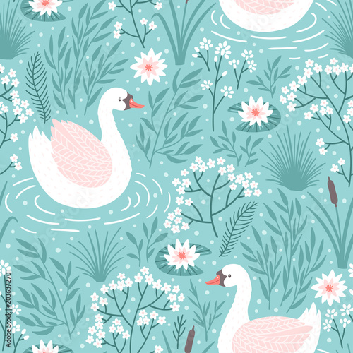 Fototapeta Naklejka Na Ścianę i Meble -  Vector seamless pattern with swan and floral elements. Repeated texture with bird.