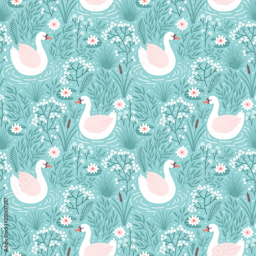 Vector seamless pattern with swan and floral elements. Repeated texture with bird.