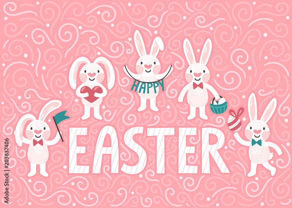 Vector holiday background with cute Easter rabbits. Pink spring card with funny bunny and text 