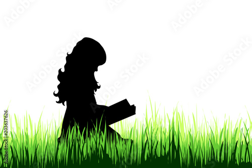 Vector silhouette of girl who read book on a meadow on white background.