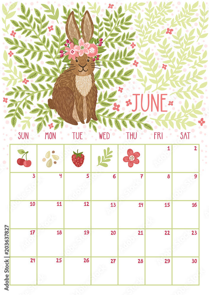 Obraz premium Vector monthly calendar with cute rabbit. June 2018. Planning design. Calendar page with smiling cartoon characters.