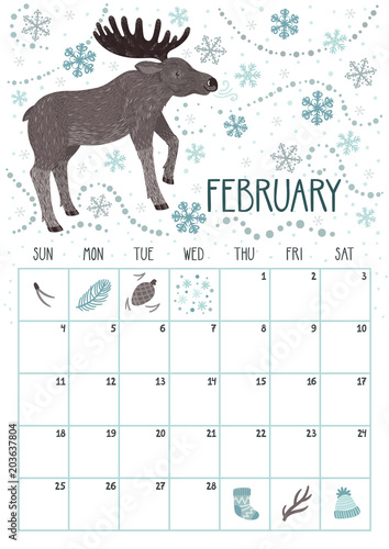 Vector monthly calendar with cute elk. February 2018. Planning design. Calendar page with smiling cartoon characters.
