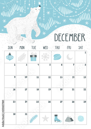 Vector monthly calendar with cute polar bear. December 2018. Planning design. Calendar page with smiling cartoon character.