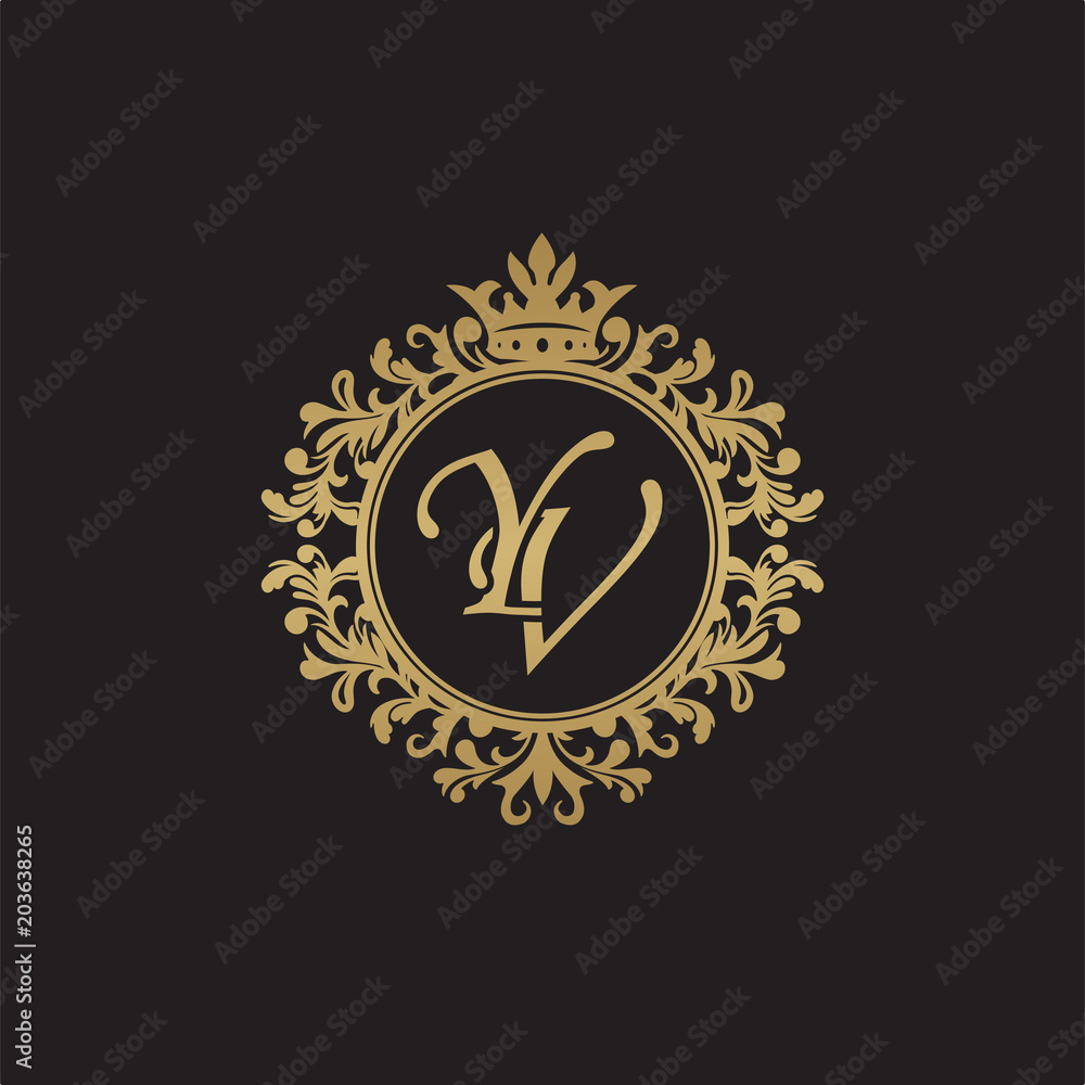 Initial letter YV, overlapping monogram logo, decorative ornament badge, elegant luxury golden color