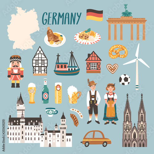 Vector icon set of Germany's symbols. Travel illustration with german landmarks, people, food, beer and symbols.