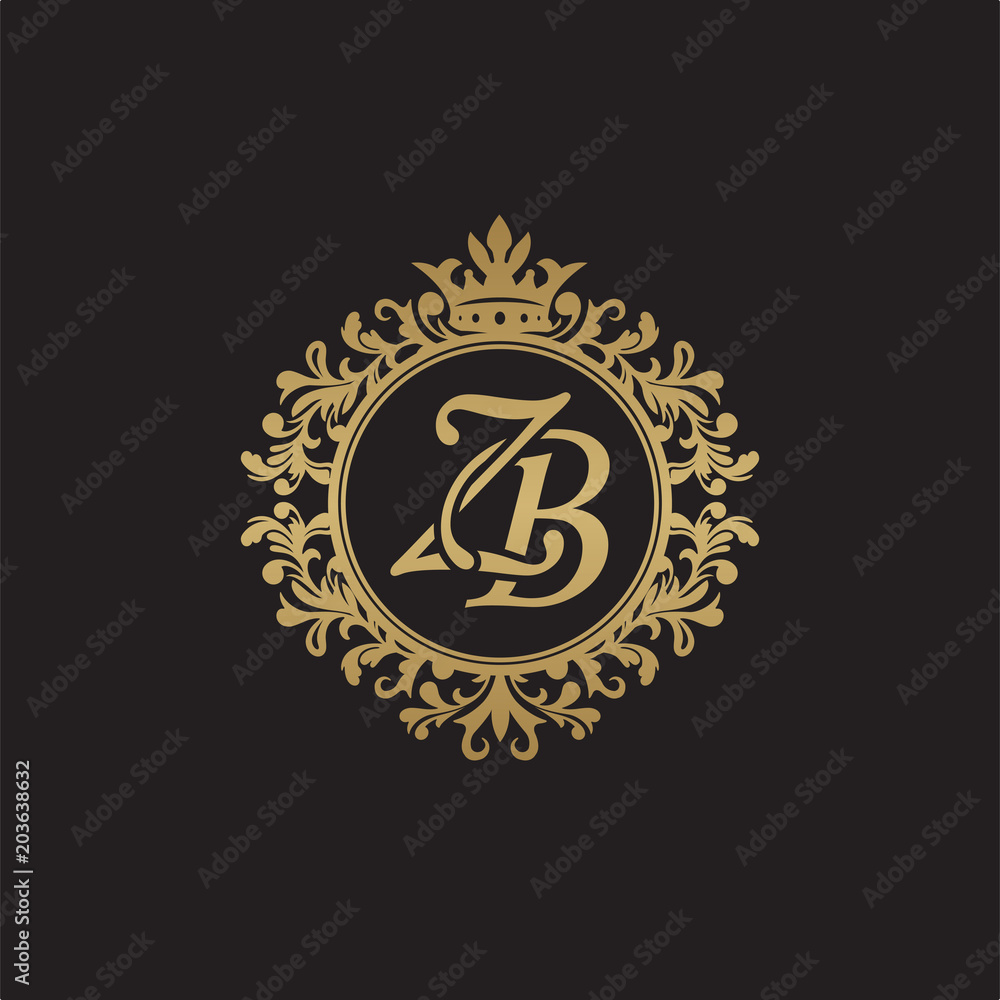 Initial letter ZB, overlapping monogram logo, decorative ornament badge, elegant luxury golden color
