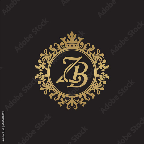 Initial letter ZB, overlapping monogram logo, decorative ornament badge, elegant luxury golden color