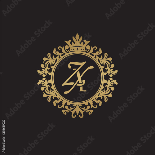 Initial letter ZX, overlapping monogram logo, decorative ornament badge, elegant luxury golden color