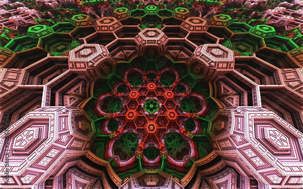 Textured picture of Thailand temple.Digital fractal 3D design.