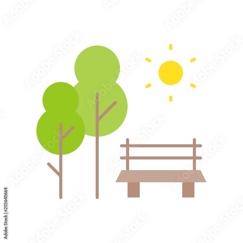 Trees and wooden bench with sunshine, Park icon