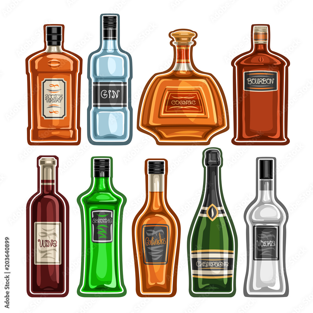 Vector set of different Bottles, 9 full glass containers with colorful  premium alcohol drinks various shape, collection cartoon icons of hard  liquor bottles for bar menu isolated on white background. Stock Vector |