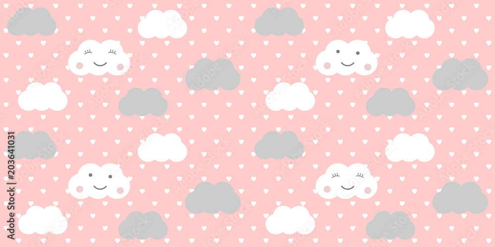 Naklejka Clouds on pink pastel heart shape retro design polka dots background pattern