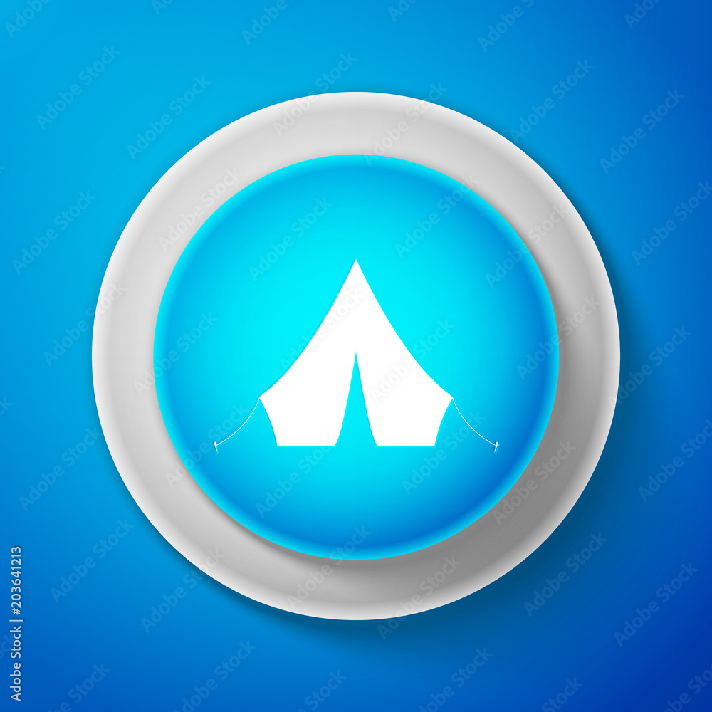 White Tourist tent icon isolated on blue background. Circle blue button with white line. Vector Illustration White Tourist tent icon isolated on blue background. Circle blue button with white line. Vector Illustration