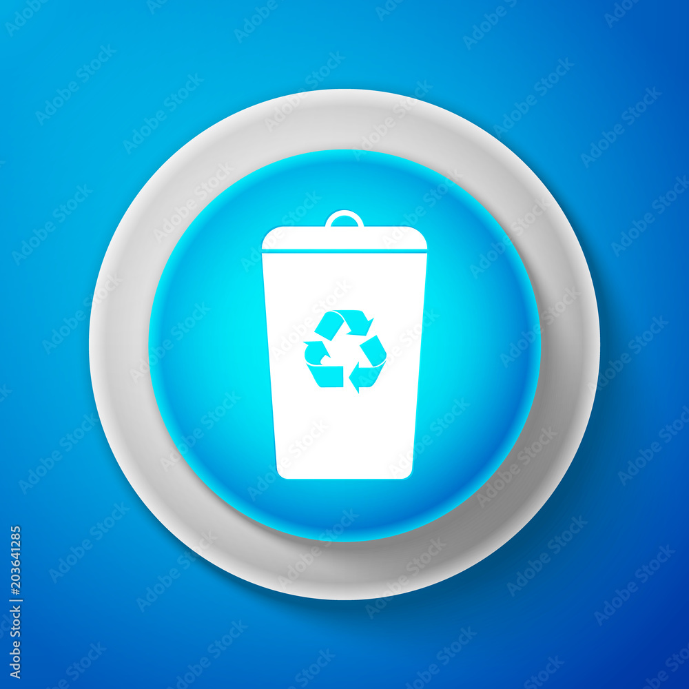 White Recycle bin with recycle symbol icon isolated on blue background. Trash can icon. Circle blue button with white line. Vector Illustration White Recycle bin with recycle symbol icon isolated on blue background. Trash can icon. Circle blue button with white line. Vector Illustration