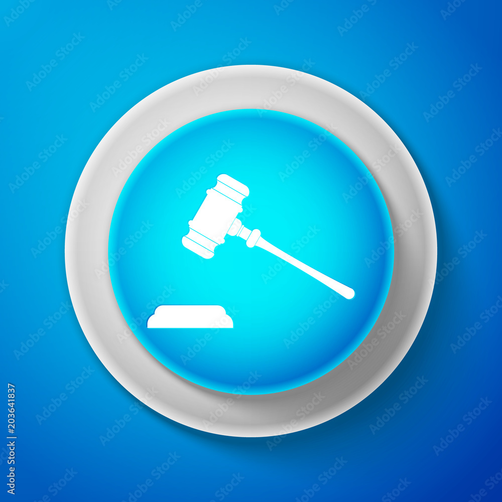 White Judge gavel icon isolated on blue background. Gavel for adjudication of sentences and bills, court, justice, with a stand. Auction hammer symbol. Circle blue button. Vector Illustration White Judge gavel icon isolated on blue background. Gavel for adjudication of sentences and bills, court, justice, with a stand. Auction hammer symbol. Circle blue button. Vector Illustration