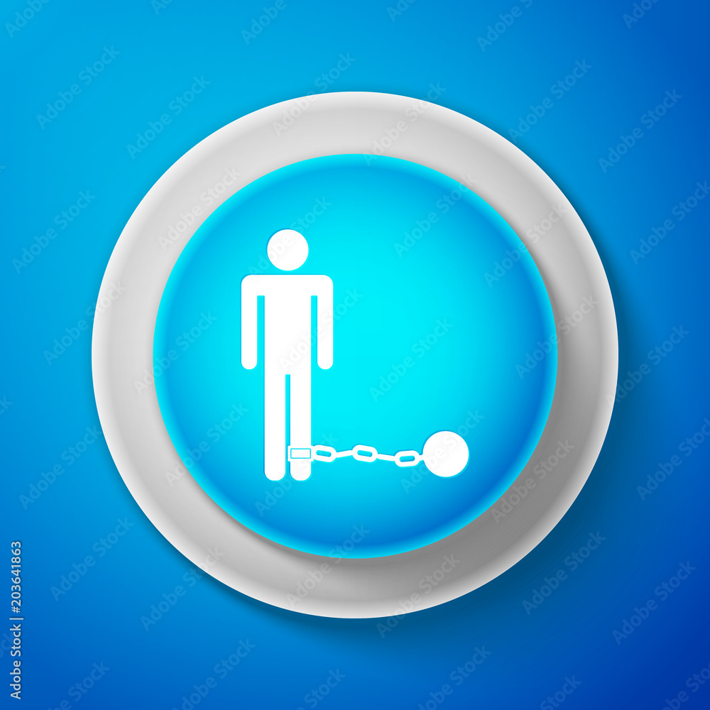 White Prisoner with ball on chain icon isolated on blue background. Circle blue button with white line. Vector Illustration White Prisoner with ball on chain icon isolated on blue background. Circle blue button with white line. Vector Illustration