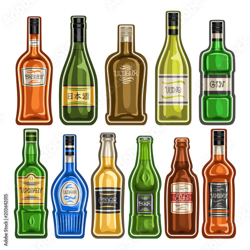 Vector set of different Bottles, 11 full glass containers with colorful premium alcohol drinks various shape, collection cartoon icons of hard liquor bottles for bar menu isolated on white background.