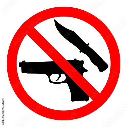 Weapon prohibited icon. Forbidding vector sign "No weapons" with gun and knife.