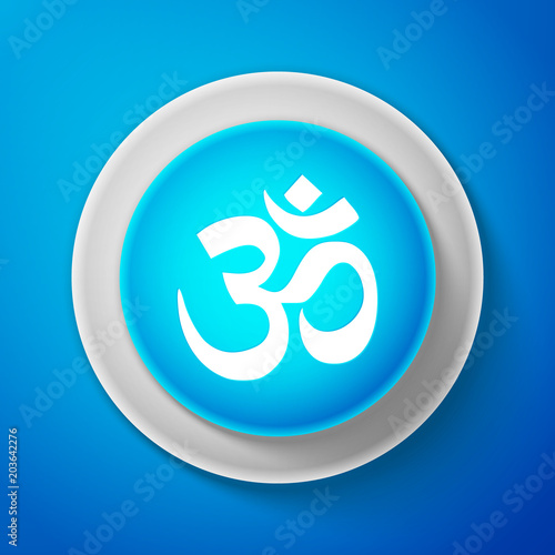 White Om or Aum Indian sacred sound icon isolated on blue background. Symbol of Buddhism and Hinduism religions. Original mantra. The symbol of the divine triad of Brahma, Vishnu and Shiva. Vector
