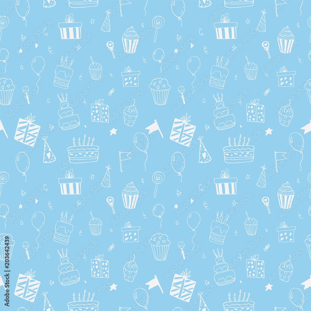 Hand drawn seamless doodle pattern, birthday theme. Hand drawn seamless doodle pattern, birthday theme.